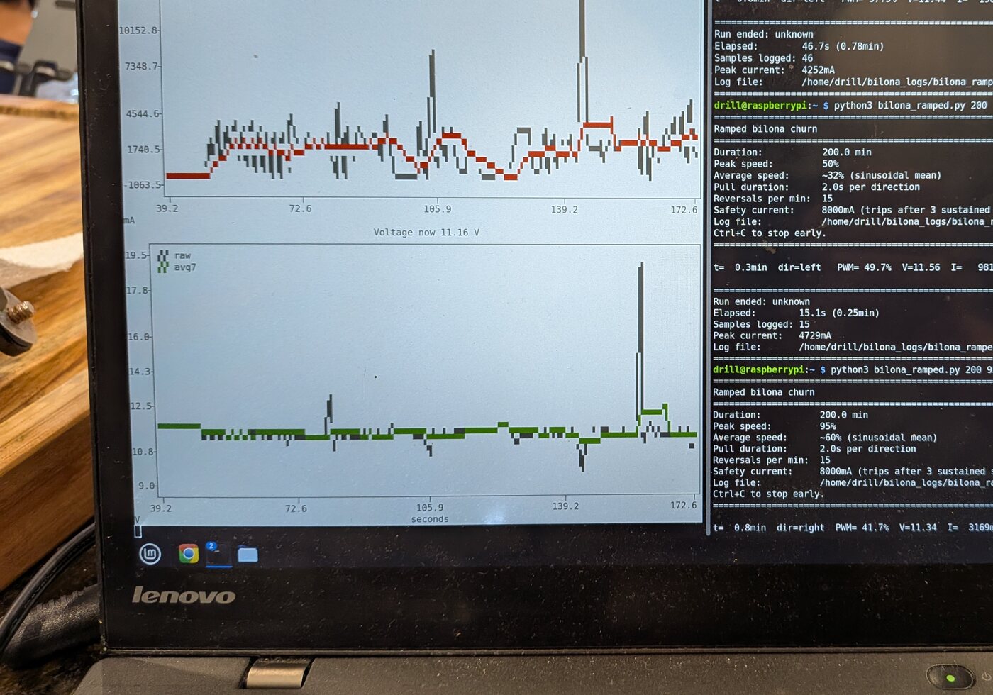 A laptop screen showing two live plots of the motor readings above a scrolling terminal log.