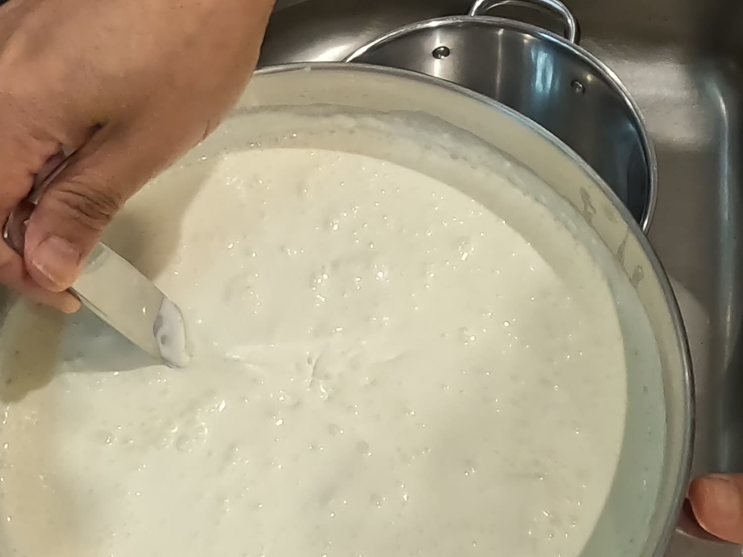 A wide steel bowl of thick set yogurt, held over a pot in a kitchen sink.
